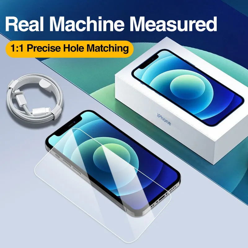Four transparent tempered glass screen protectors for Apple iPhone models with anti-blue light feature.