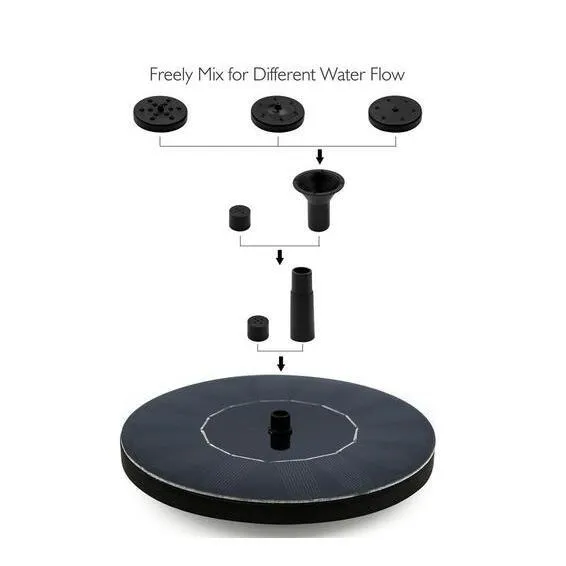 Black solar panel fountain pump with four nozzle heads for garden birdbaths and ponds.