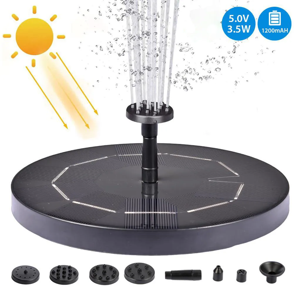 Black solar panel fountain pump with four nozzle heads for garden birdbaths and ponds.