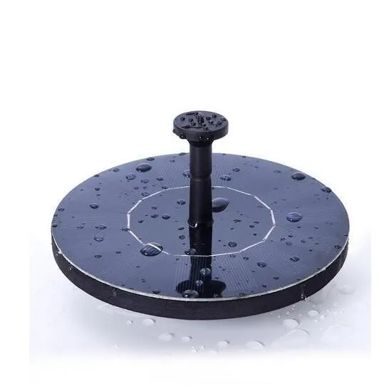Black solar panel fountain pump with four nozzle heads for garden birdbaths and ponds.