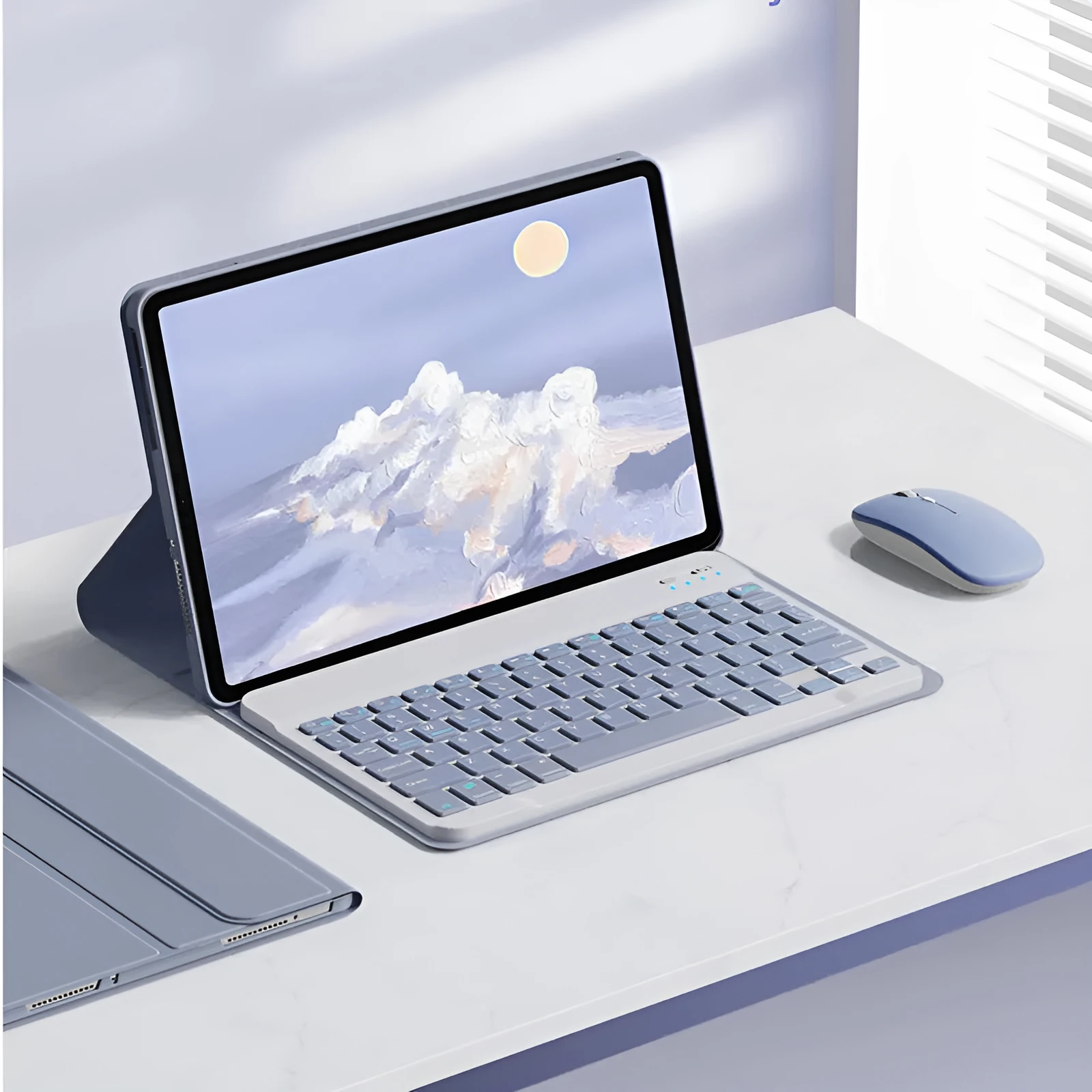 Bluetooth keyboard holster case for Xiaomi Mi Pad 5 in Mist Blue with keyboard and stylus slot.