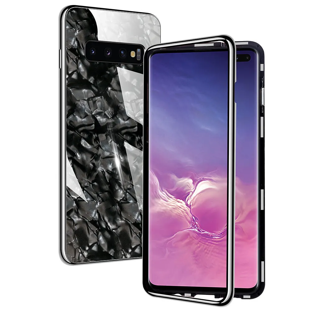 Galvanized mobile phone protective cover with magnetic king plating shell and glass texture in black