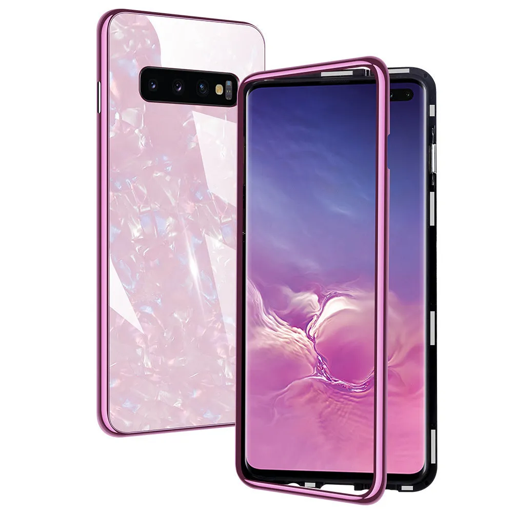 Galvanized mobile phone protective cover with magnetic king plating shell and glass texture in black