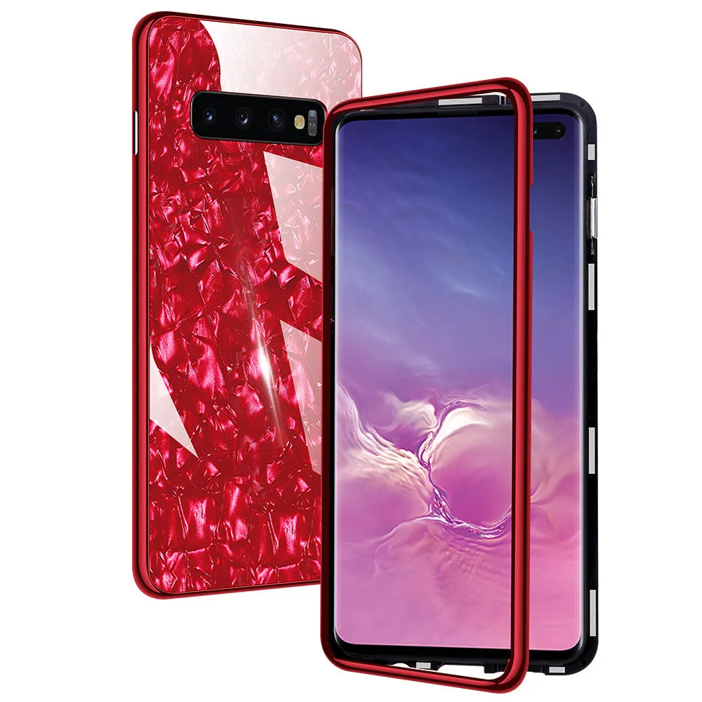 Galvanized mobile phone protective cover with magnetic king plating shell and glass texture in black