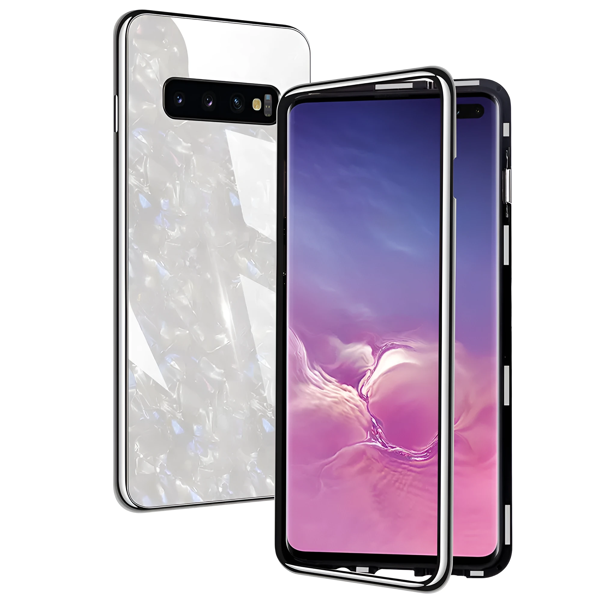 Galvanized mobile phone protective cover with magnetic king plating shell and glass texture in black