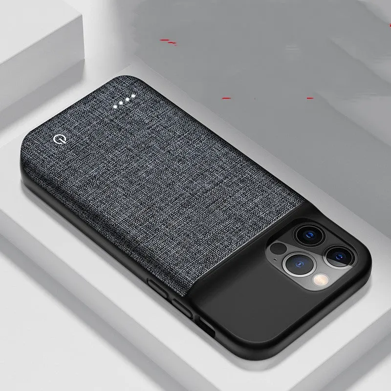 Black Oxford cloth wireless power bank phone case with multi-U ports for iPhone