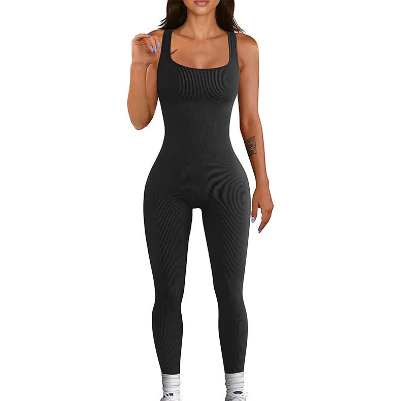 Women's long sleeve spandex suspender tank top tights bodysuit on a hanger