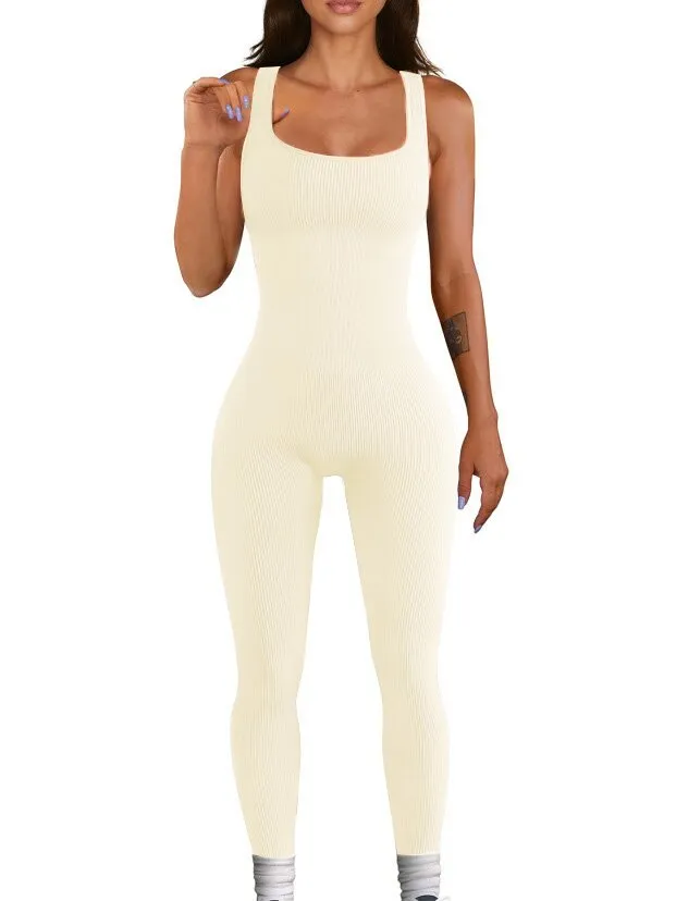 Women's long sleeve spandex suspender tank top tights bodysuit on a hanger