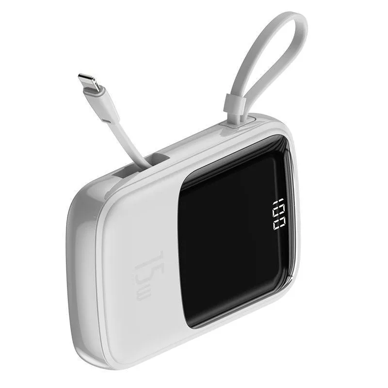 Own Cable Power Bank 10000mAh in black with built-in Type-C cable on white background