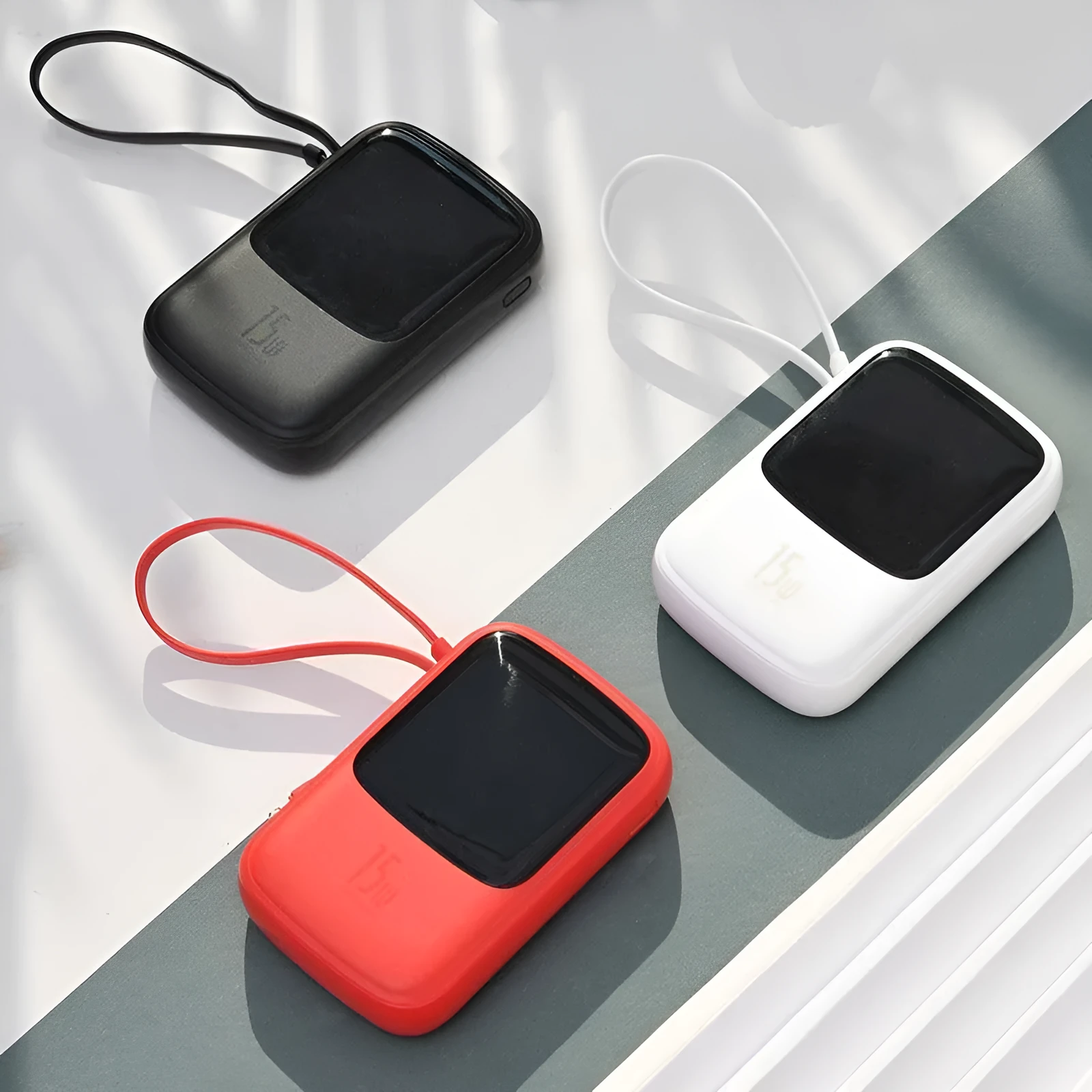 Own Cable Power Bank 10000mAh in black with built-in Type-C cable on white background