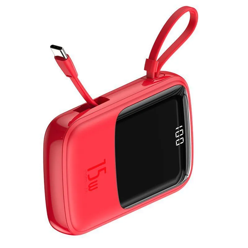 Own Cable Power Bank 10000mAh in black with built-in Type-C cable on white background