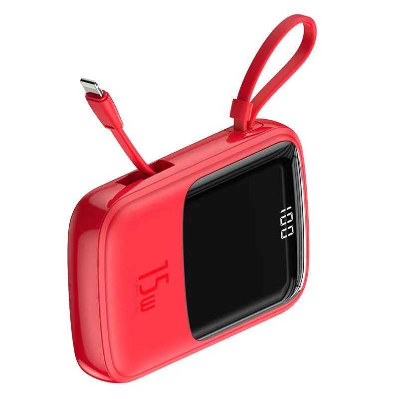 Own Cable Power Bank 10000mAh in black with built-in Type-C cable on white background