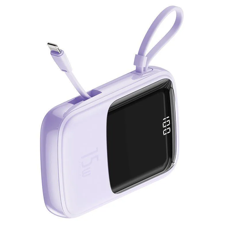 Own Cable Power Bank 10000mAh in black with built-in Type-C cable on white background