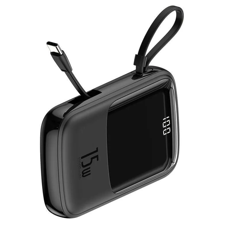 Own Cable Power Bank 10000mAh in black with built-in Type-C cable on white background