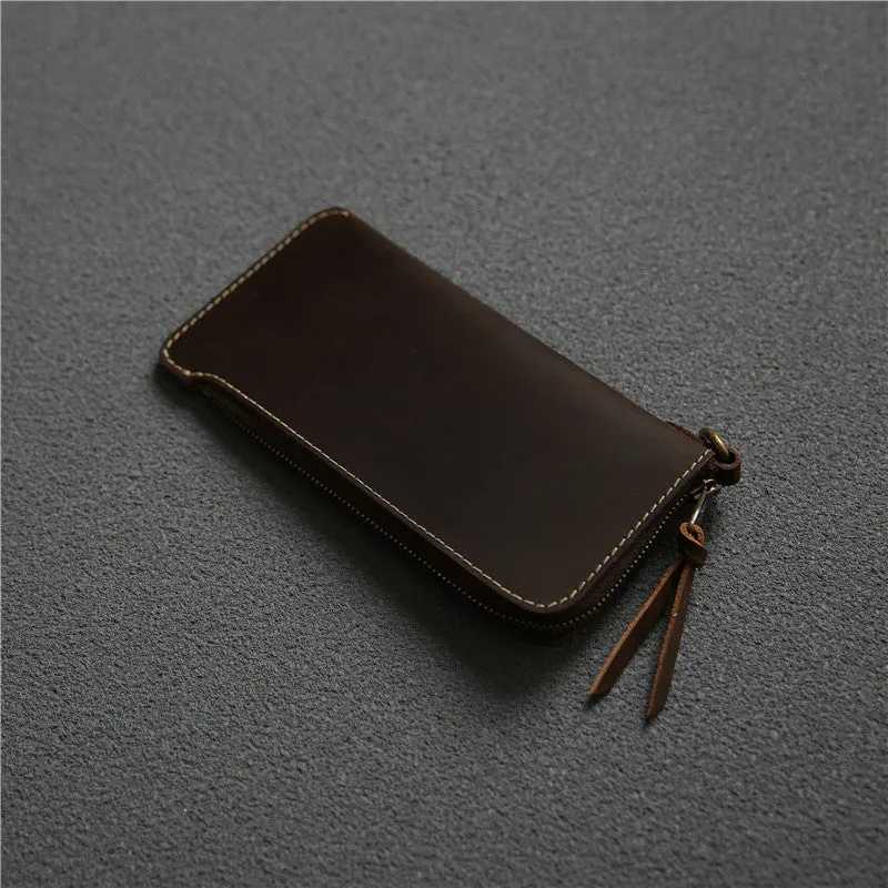 Men's genuine leather zip wallet 18cm top layer cowhide dark brown Crazy Horse leather sewing line detail