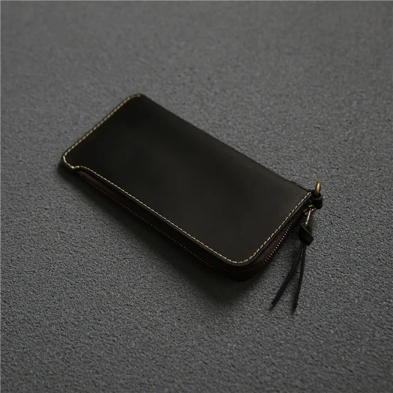 Men's genuine leather zip wallet 18cm top layer cowhide dark brown Crazy Horse leather sewing line detail
