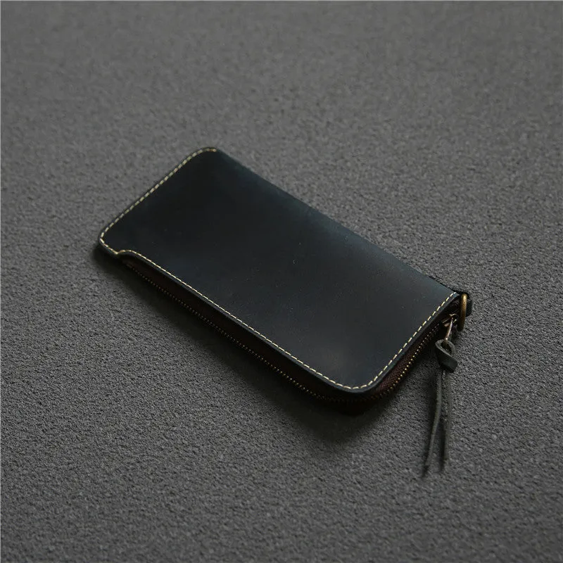 Men's genuine leather zip wallet 18cm top layer cowhide dark brown Crazy Horse leather sewing line detail