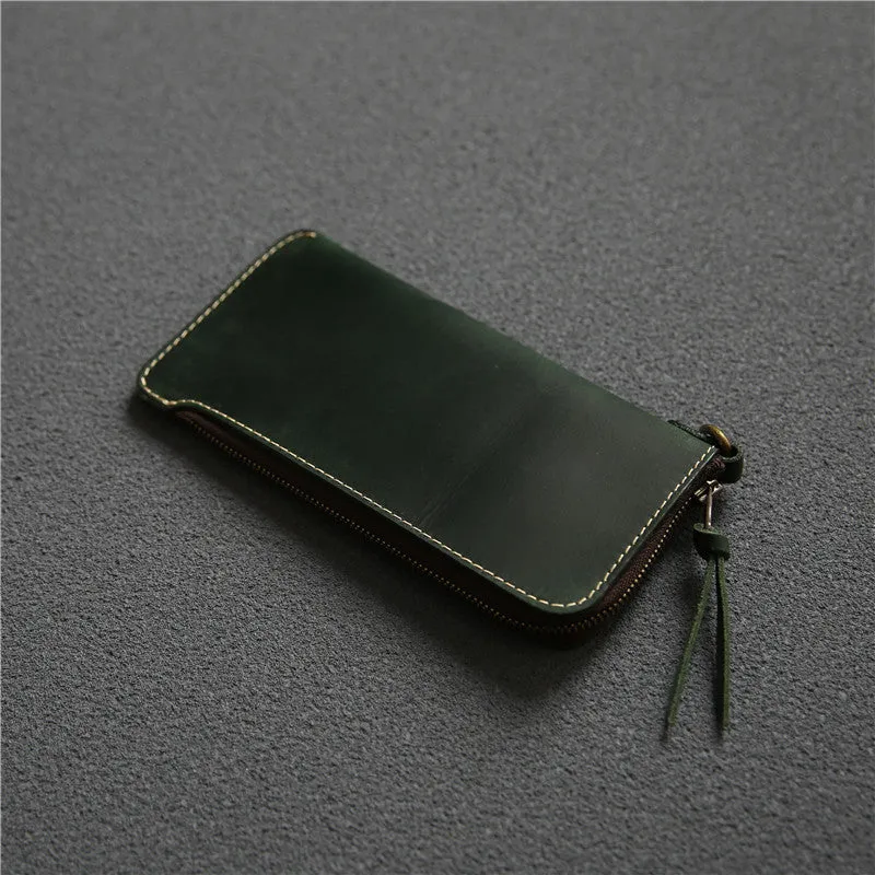 Men's genuine leather zip wallet 18cm top layer cowhide dark brown Crazy Horse leather sewing line detail