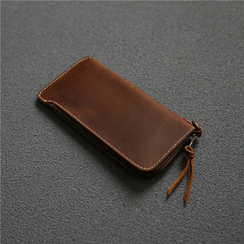 Men's genuine leather zip wallet 18cm top layer cowhide dark brown Crazy Horse leather sewing line detail