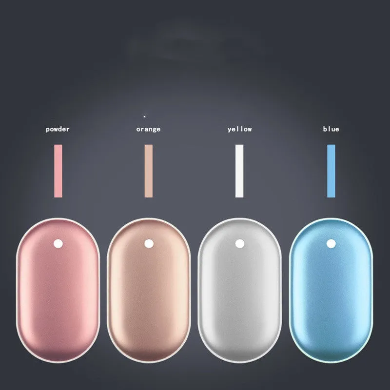 Mini winter hand warmer power bank in silver, rechargeable USB portable heater pebble design 102x58x24mm