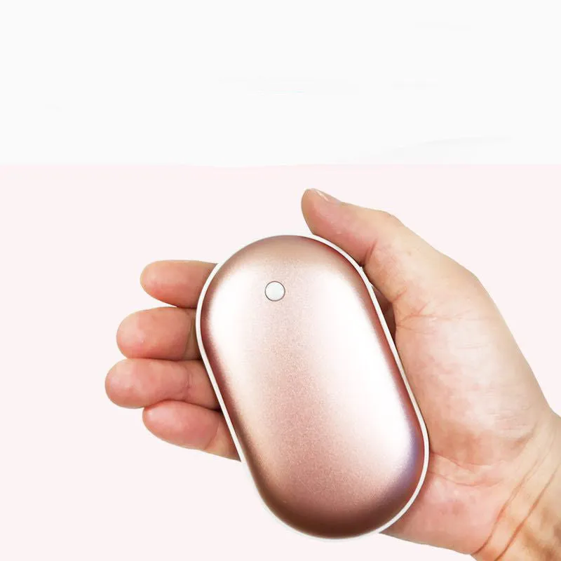 Mini winter hand warmer power bank in silver, rechargeable USB portable heater pebble design 102x58x24mm