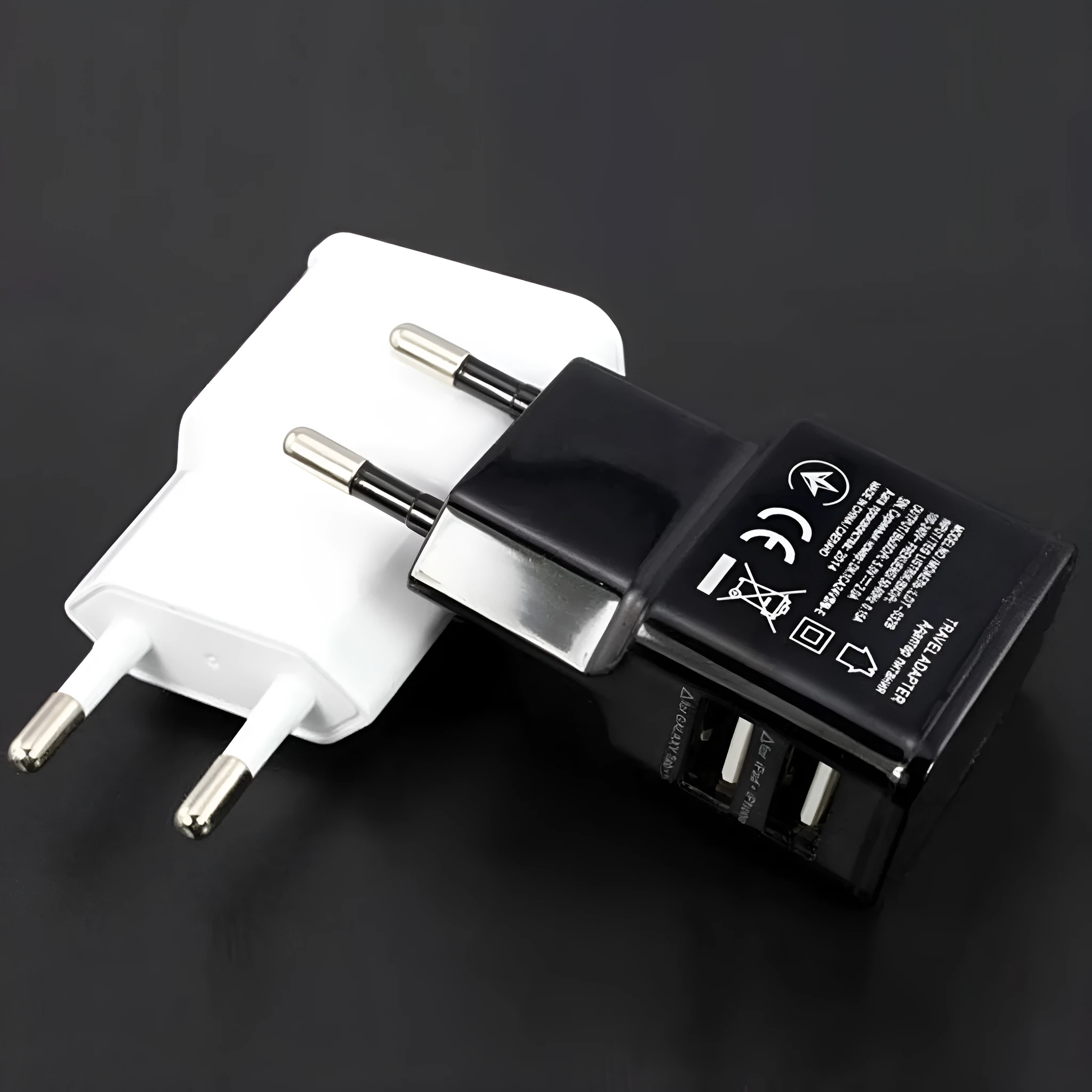 Travel USB Charger Adapter Wall Type EU Plug Phone Smart Dual USB Port 2A 1A UK Travel Home Office 110V-240V 50-60Hz Black White Compact Lightweight Android Phone Charger by CCC Certified