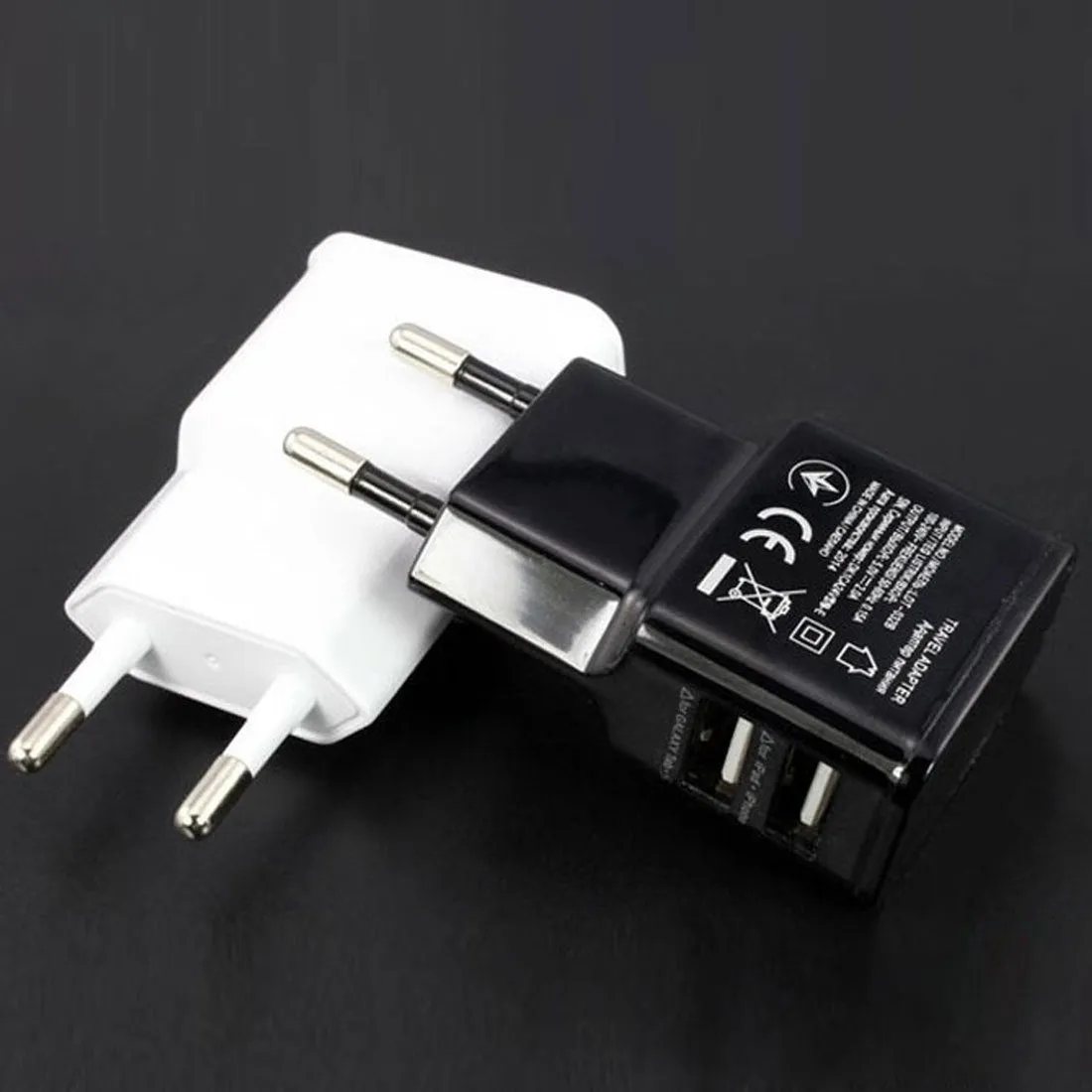 Travel USB Charger Adapter Wall Type EU Plug Phone Smart Dual USB Port 2A 1A UK Travel Home Office 110V-240V 50-60Hz Black White Compact Lightweight Android Phone Charger by CCC Certified