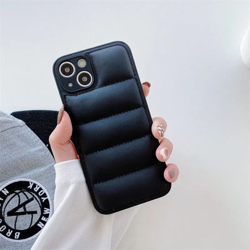 Fashion solid colour down jacket phone case for iPhone showing quilted texture