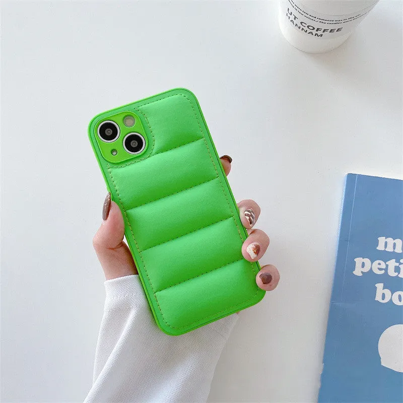 Fashion solid colour down jacket phone case for iPhone showing quilted texture