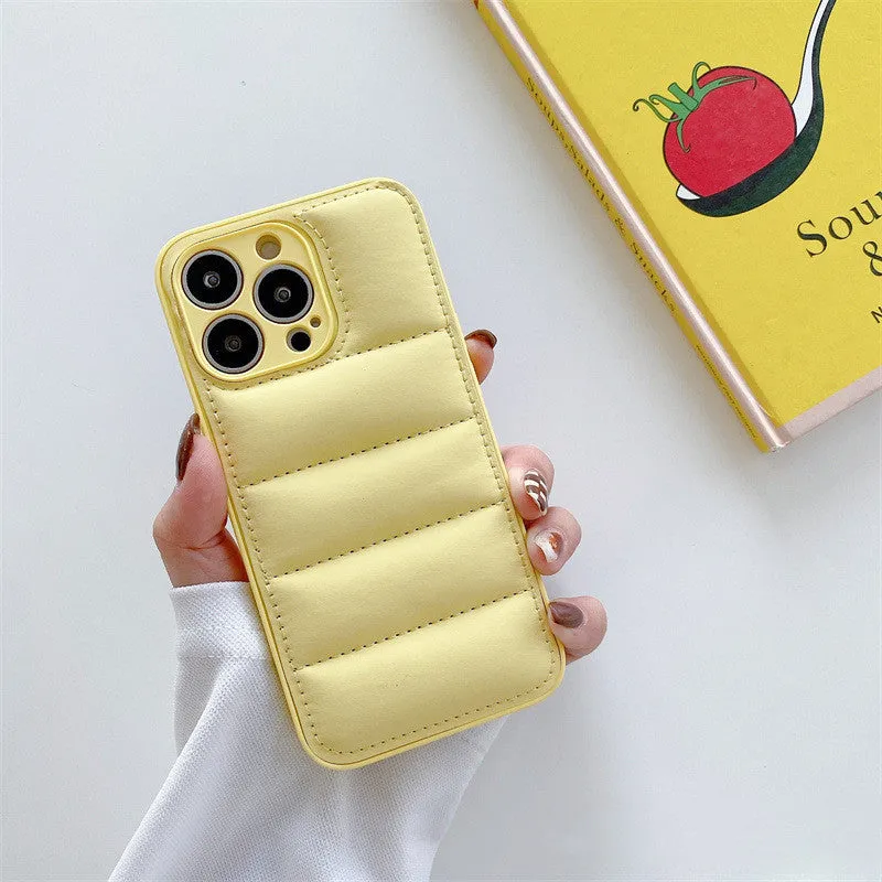 Fashion solid colour down jacket phone case for iPhone showing quilted texture