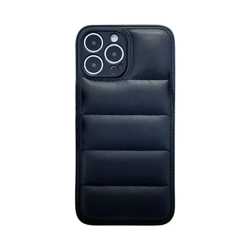 Fashion solid colour down jacket phone case for iPhone showing quilted texture