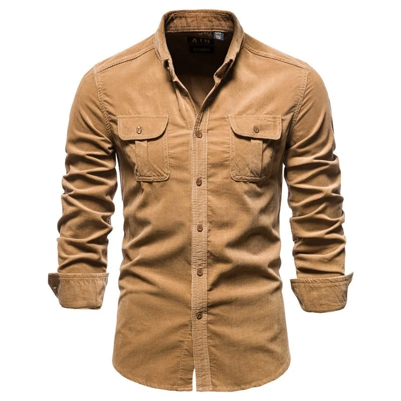 Men's long sleeve linen shirt shown in Denim Blue colour, also available in Army Green, White, Navy Blue, Red, and four other colours.