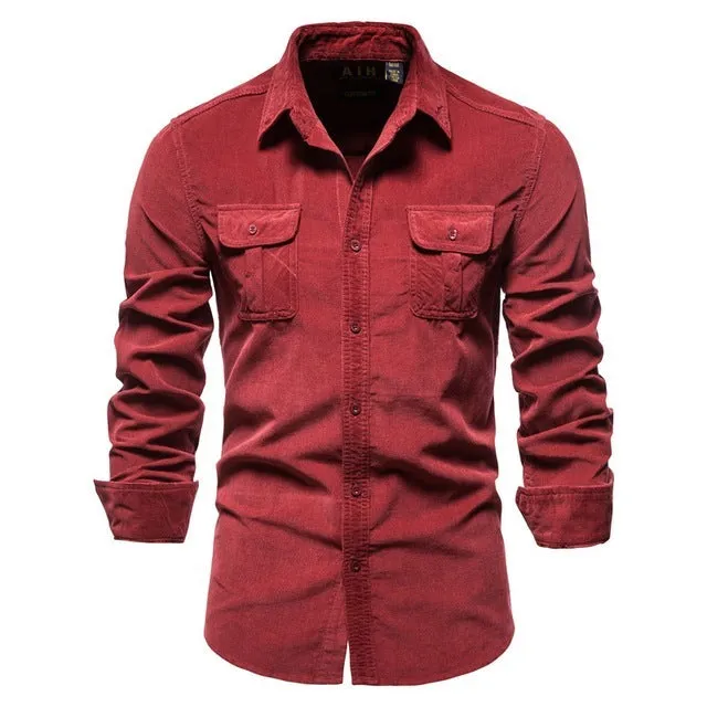 Men's long sleeve linen shirt shown in Denim Blue colour, also available in Army Green, White, Navy Blue, Red, and four other colours.