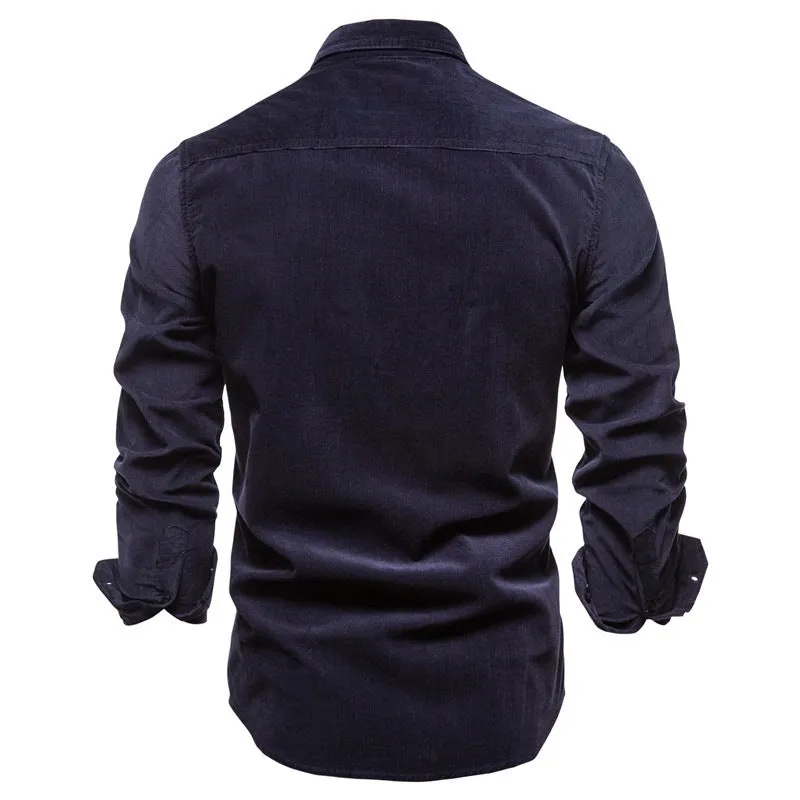 Men's long sleeve linen shirt shown in Denim Blue colour, also available in Army Green, White, Navy Blue, Red, and four other colours.