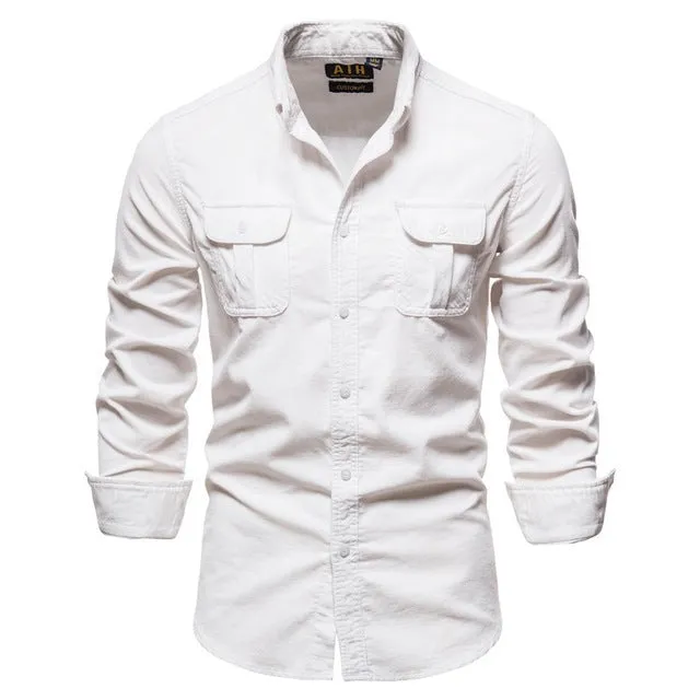 Men's long sleeve linen shirt shown in Denim Blue colour, also available in Army Green, White, Navy Blue, Red, and four other colours.
