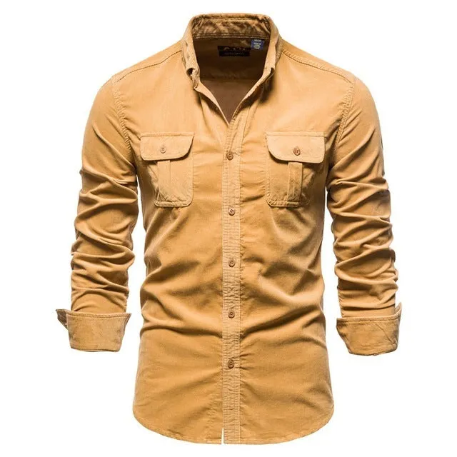 Men's long sleeve linen shirt shown in Denim Blue colour, also available in Army Green, White, Navy Blue, Red, and four other colours.