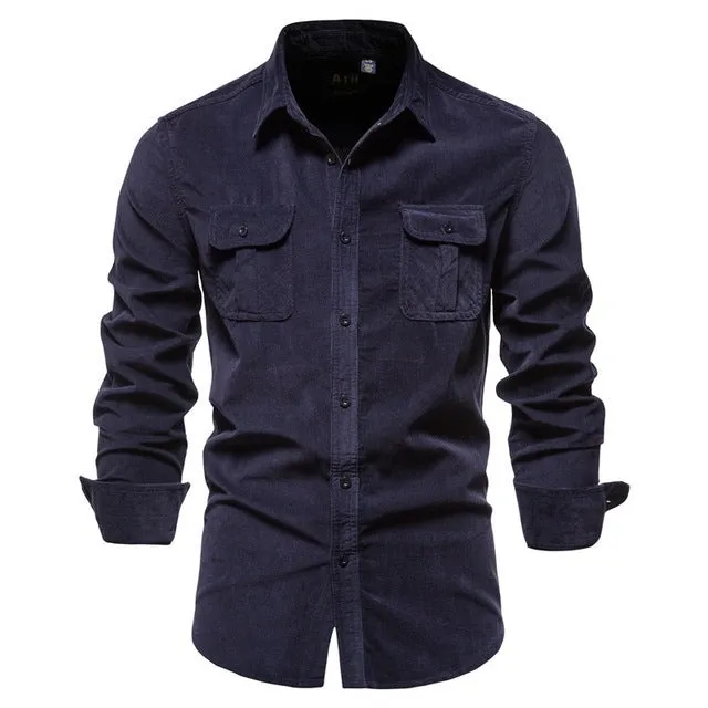 Men's long sleeve linen shirt shown in Denim Blue colour, also available in Army Green, White, Navy Blue, Red, and four other colours.
