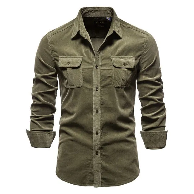 Men's long sleeve linen shirt shown in Denim Blue colour, also available in Army Green, White, Navy Blue, Red, and four other colours.