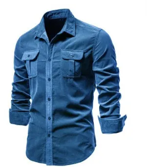 Men's long sleeve linen shirt shown in Denim Blue colour, also available in Army Green, White, Navy Blue, Red, and four other colours.