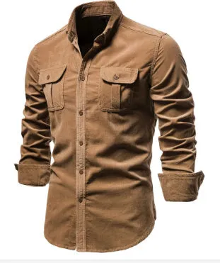Men's long sleeve linen shirt shown in Denim Blue colour, also available in Army Green, White, Navy Blue, Red, and four other colours.