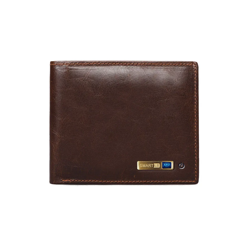 Men's smart leather wallet in brown with multiple card slots and built-in Bluetooth tracker