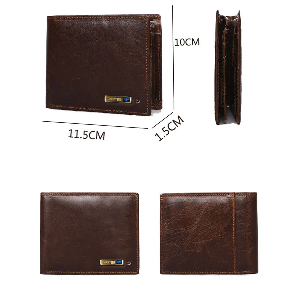 Men's smart leather wallet in brown with multiple card slots and built-in Bluetooth tracker