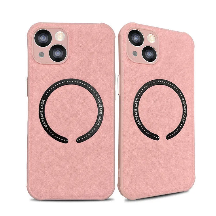Leather phone case with MagSafe magnetic cross for iPhone 14 in black solid colour