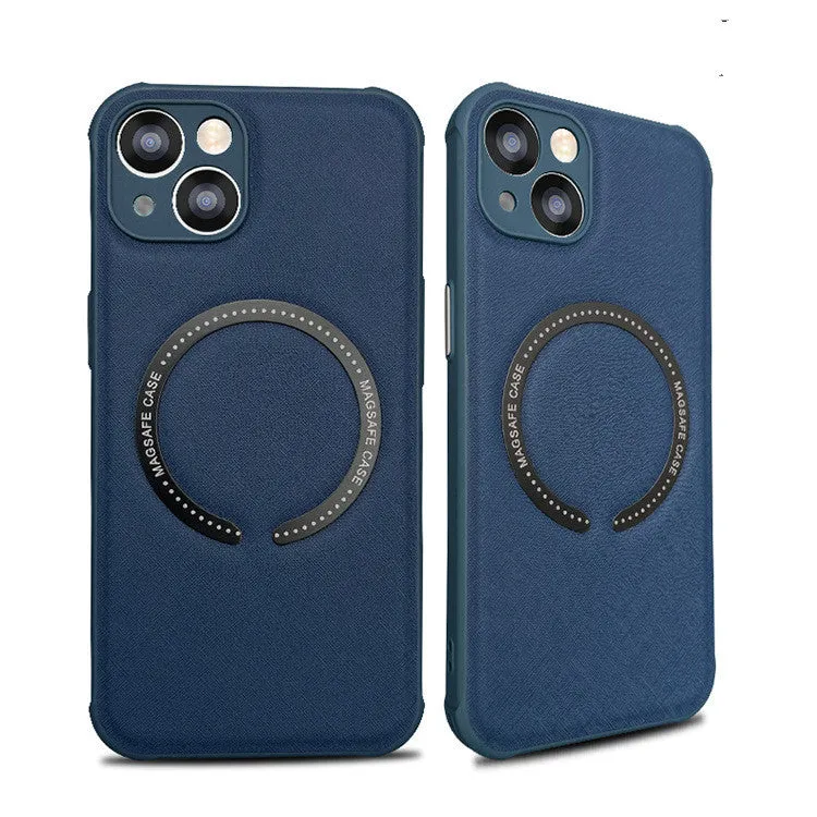 Leather phone case with MagSafe magnetic cross for iPhone 14 in black solid colour