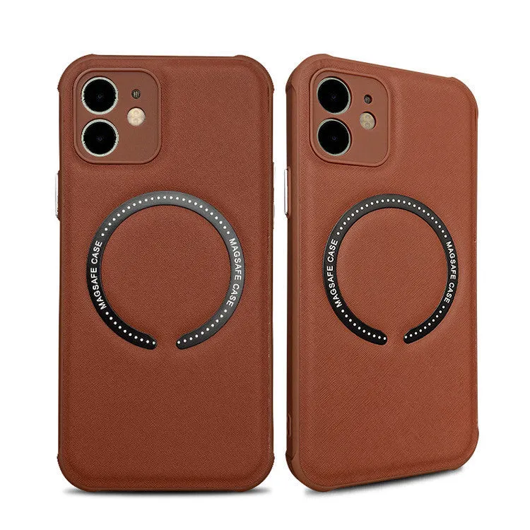Leather phone case with MagSafe magnetic cross for iPhone 14 in black solid colour