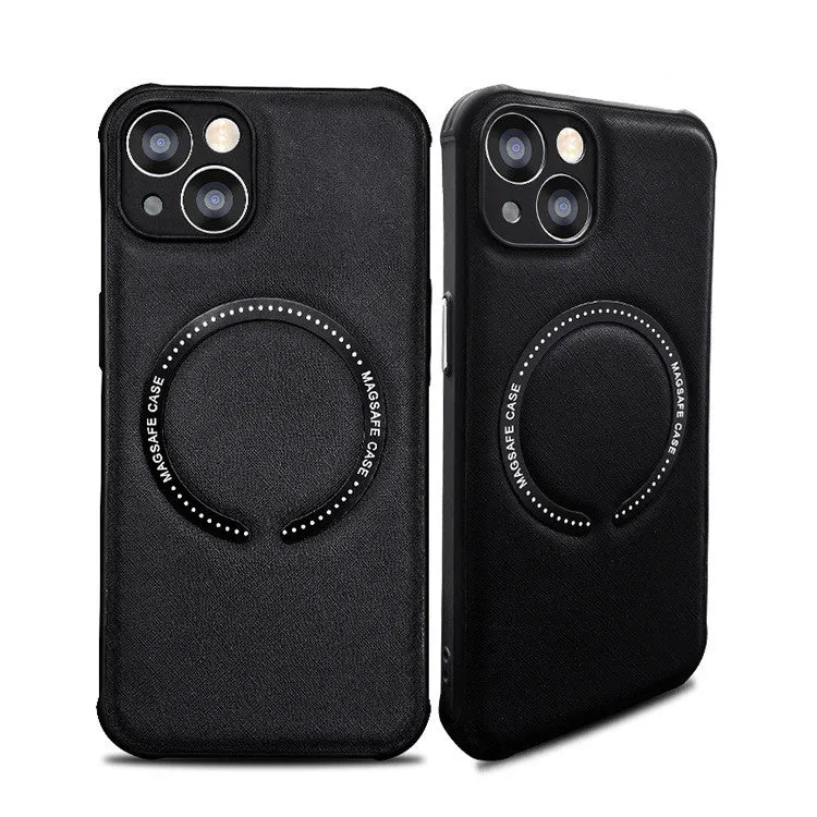 Leather phone case with MagSafe magnetic cross for iPhone 14 in black solid colour