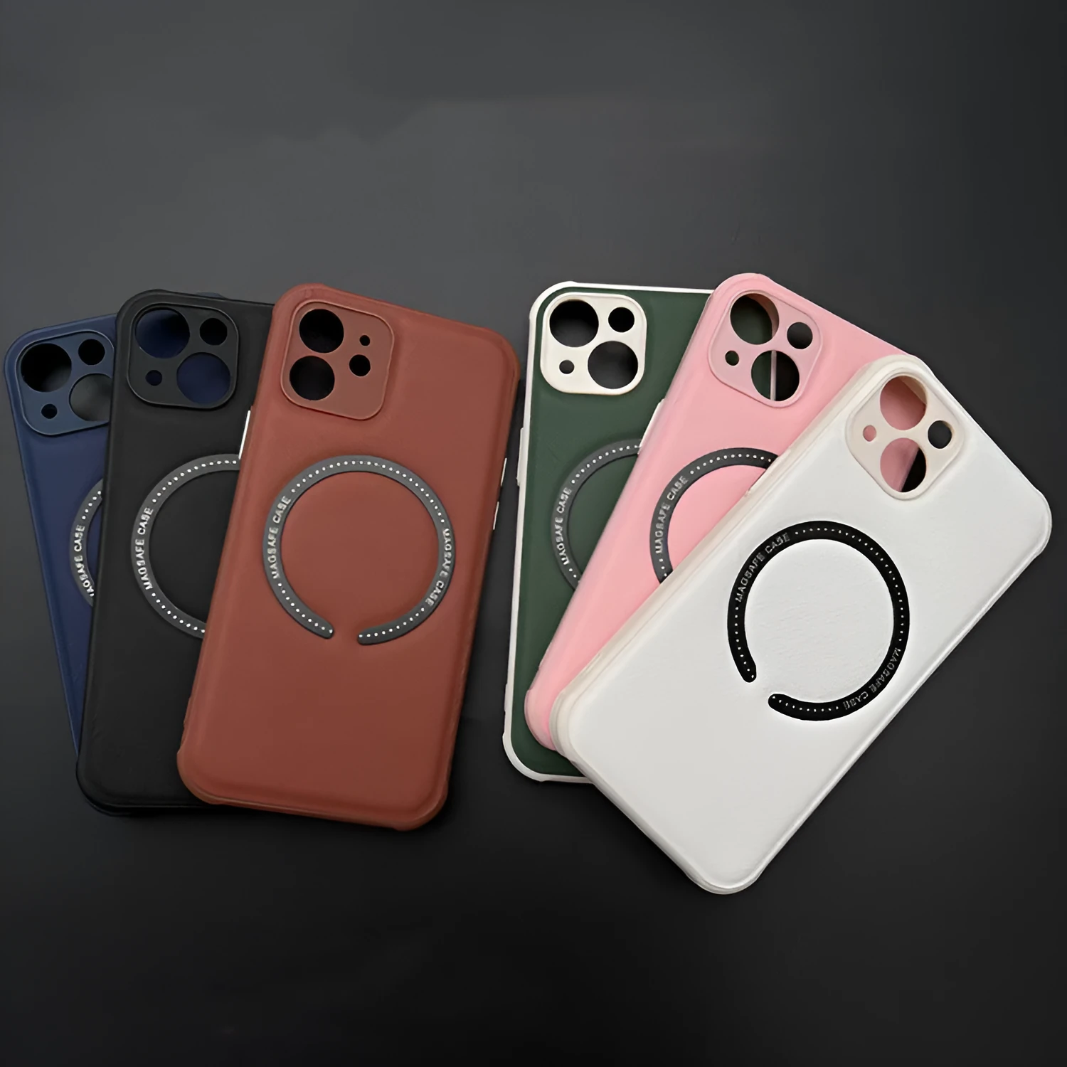Leather phone case with MagSafe magnetic cross for iPhone 14 in black solid colour
