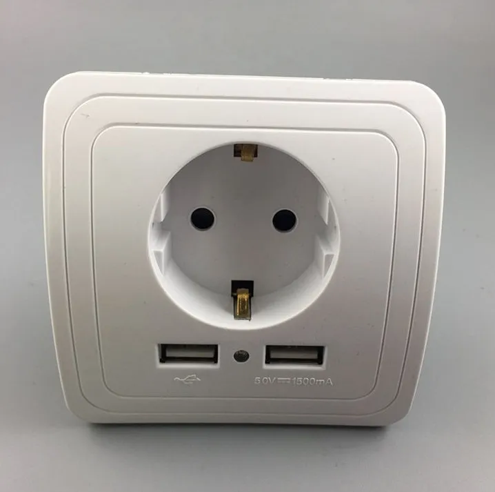 White smart home dual USB wall charger adapter with EU power socket and LED indicator on a panel