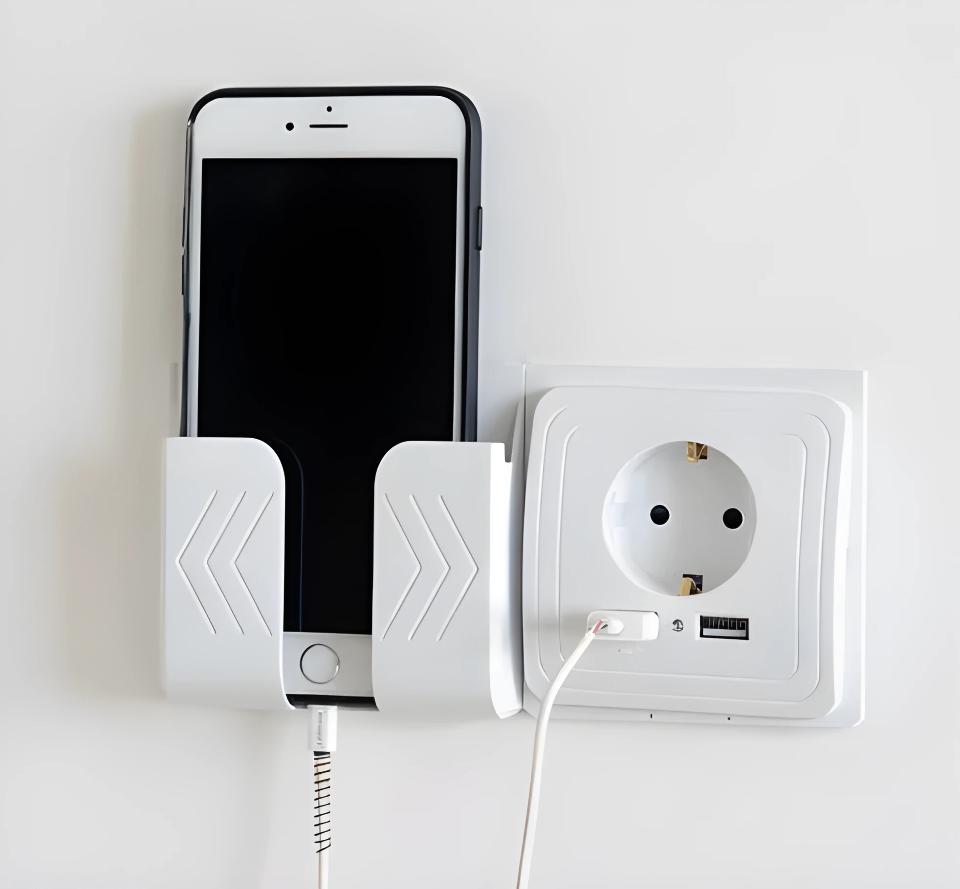 White smart home dual USB wall charger adapter with EU power socket and LED indicator on a panel