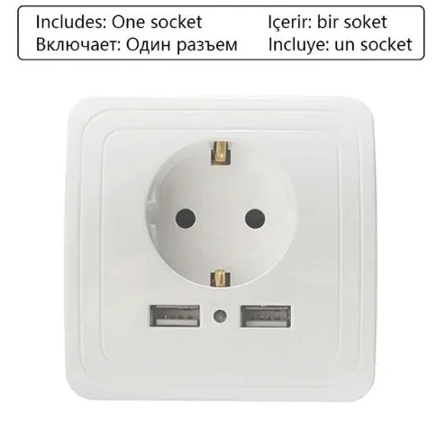 White smart home dual USB wall charger adapter with EU power socket and LED indicator on a panel